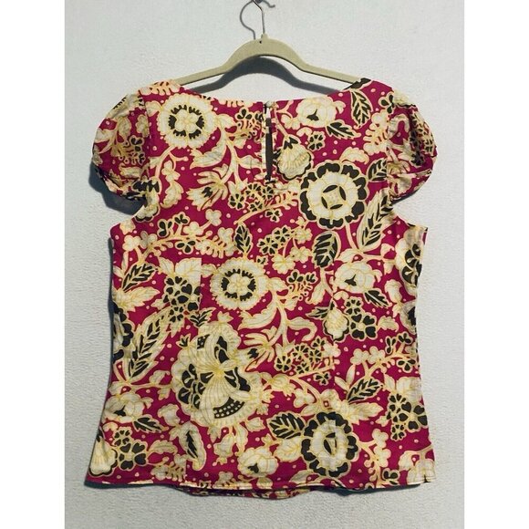 J Crew Top Womens 14 Bright Pink Tropical Floral Scoop Neck Cap Sleeve Y2K Boho - Picture 4 of 7